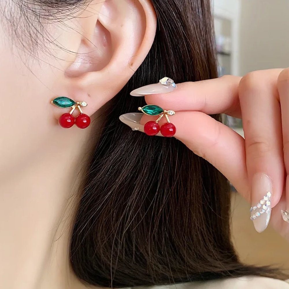 Gold Red Dark Cherry Fruit Stud Earrings NEW - Picture 5 of 6
